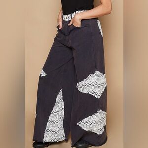 POL Black Wide Leg Pants with White Lace Patches